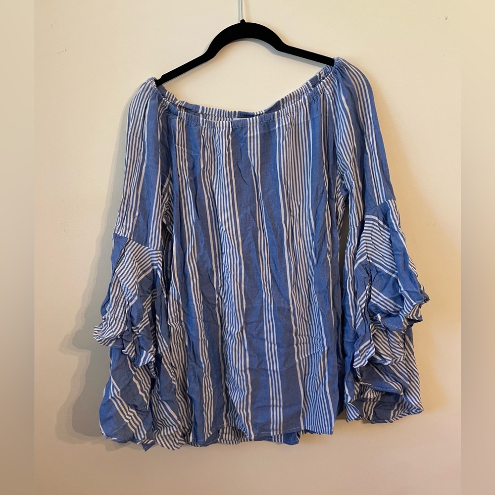 Fever Blue and White Striped Off-Shoulder Blouse